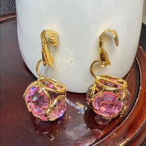 Estate Earrings Clip On Gold Tone and Pink Glass Vintage.
